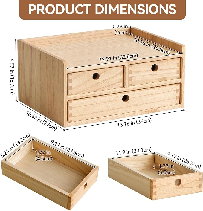 KIRIGEN Wooden Desk Organizer with 3 Drawers and Top Tray Natural DT2D3C-NA | 3-Drawer Cabinet with Top Shelf Stores Papers, Office Supplies, Cosmetics, Crafts, and Small Accessories on Desks or Counters