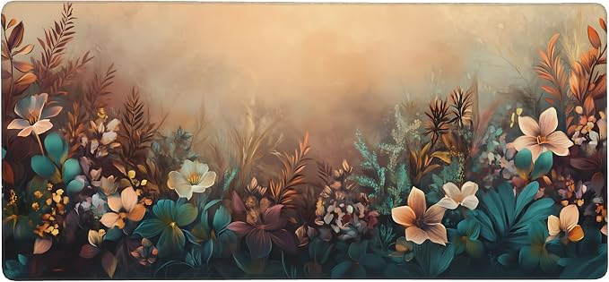 Floral Aesthetic Azalea Gaming Mouse Pad, Earth Tone Dreamy Desk Mat with Anti-Slip Base & Stitched Edges, Office Supplies & Desk Decor for Women, 35.4" x 15.7" in Home Office Essentials