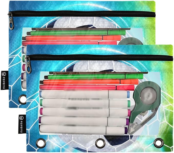 Soccer Ball Football on Field Pencil Pouch for 3 Ring Binder, 2 Pack Waterproof Pencil Bags Clear Window Pencil Case Zipper School Office Supplies