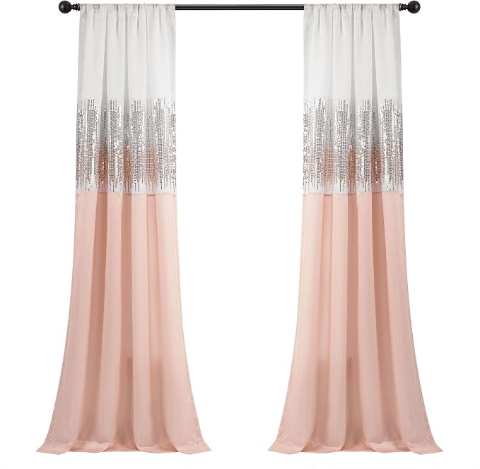 Lush Decor Night Sky Window Curtain Panel, Single 42"W x 84"L White & Blush - Sequin Backdrop Curtain - Room Darkening Curtains For Bedroom - Glam Decor