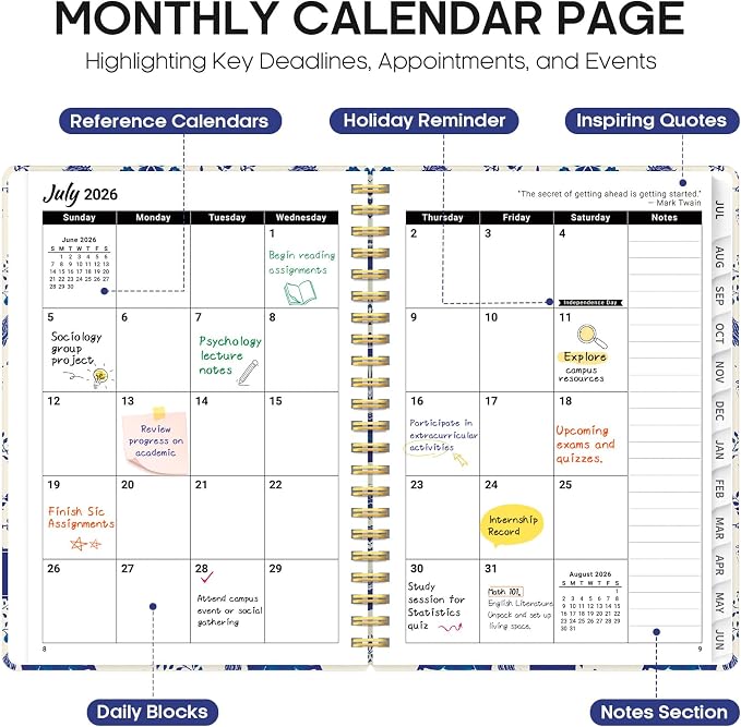 Academic Planner 2026-2027, Jul 2026-Jun 2027 Monthly & Weekly Planner