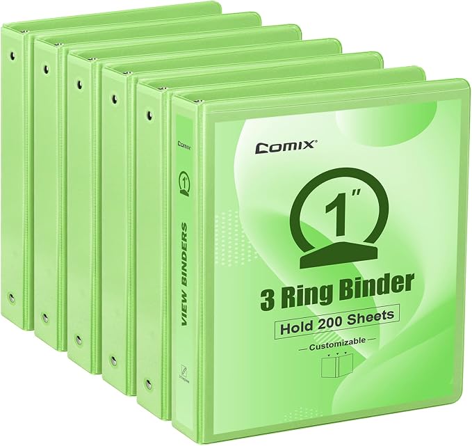 COMIX Sturdy Standard 1 Inch 3 Ring Binder with Clear View Cover | 1"Round Ring,PVC-Free Board,Holds 200 Letter Sheets,Morandi Multicolor for Students & Office,6 Pack (Light Green)