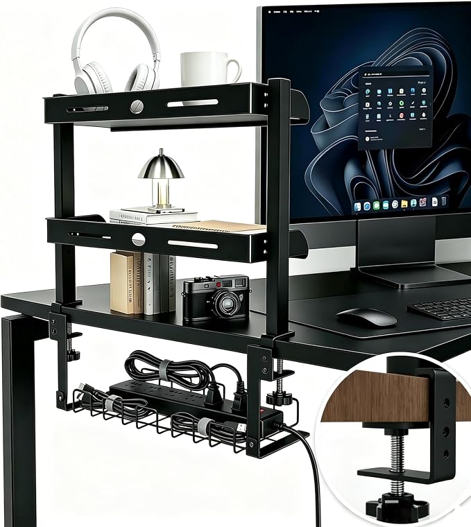 Clamp On Desk Shelves Organizer, Adjustable 2-Tier Desk Storage Rack with Large Trays, Phone Stand & Headphone Hook, No-Drill Setup for Office & Gaming Desks