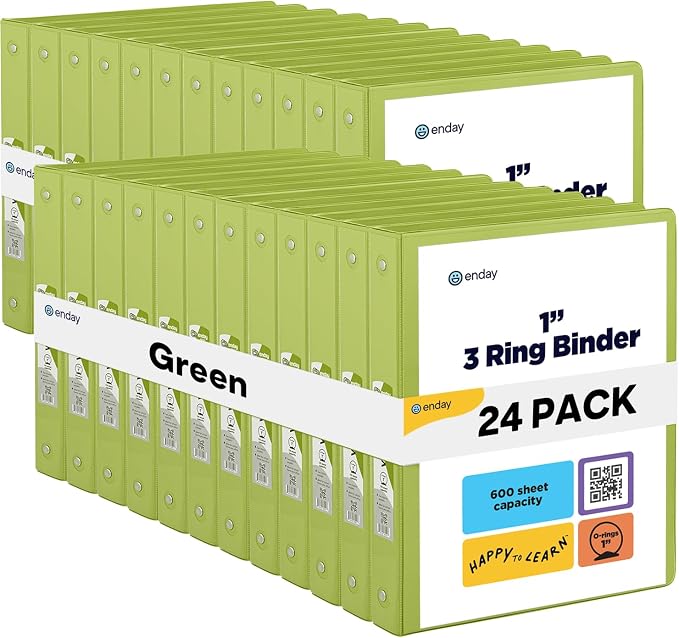 Enday 1 Inch Binder (24 Pack - Green) 3 Ring Binder 1 inch with Clear View Cover and 2 Inside Pocket - for Letter Size 8.5 x 11'' Paper, Ideal for School Supplies, Office, and Home