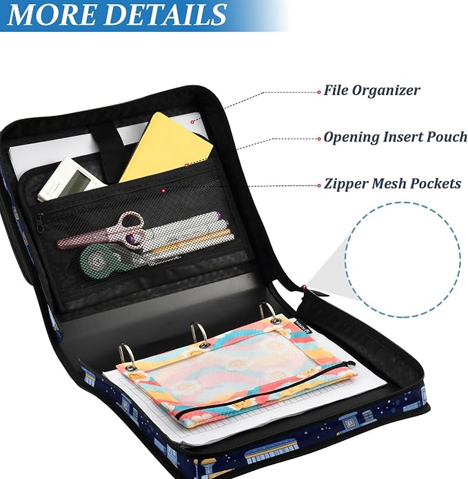 Fisyme Trains Cute Blue Zipper Binder 3 Ring with Zipper and Shoulder Strap Large Capacity Multi-Pocket Binder Organizer
