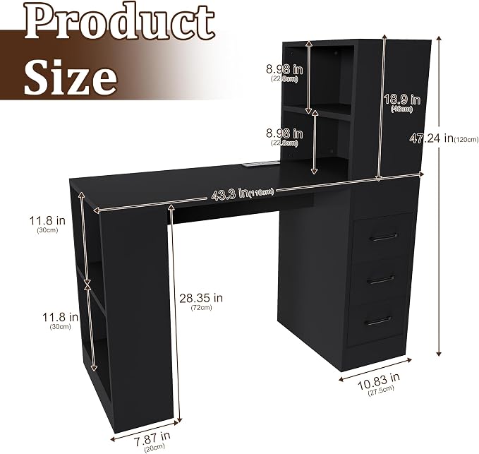 KEIKI L Shaped Computer Desk with 4-in-1 Charging Station, Office Desk with 3 Slide Drawers and 4-Tier Storage Shelves, Modern Wooden Corner Writing Desk for Home Office, Study, Bedroom, Black