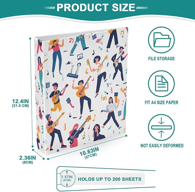 3 Ring Binder Music Girls Boys Doodle 1.5 inch Binders Three Ring Binders with Clipboard Fit 8.5'' x 11'' Paper 3 Interior PVC Clear Pockets for Office Supplies