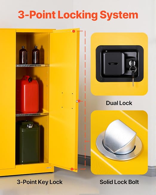 VEVOR Flammable Cabinet 34" x 38" x 65", 65 Gallon Flammable Storage Cabinet with Adjustable Shelf, Cold-Rolled and Galvanized Steel Fire Cabinets, for Commercial Industrial Home Use, Yellow