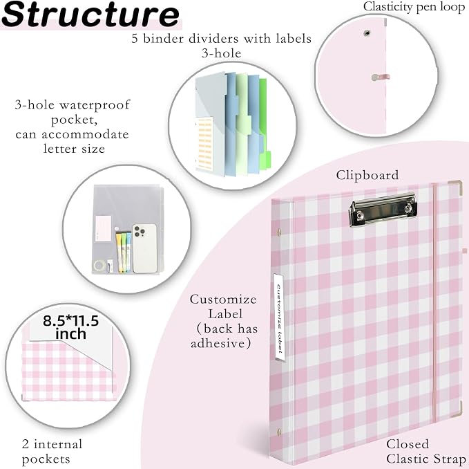 3 Ring Binder 1 inch with Clipboard - Pink & White Grid Design, Includes Dividers, File Bag & Spine Label - Ideal for Students and Professionals, Holographic Waterproof Film