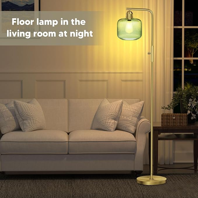 66" Dimmable Gold Standing Lamp with Green Ribbed Glass for Living Room | Vintage Floor Lamp with Brushed Gold, Stepless Rotary Switch and 3000K LED Bulb, Arc Floor Lamp for Bedroom & Study Room