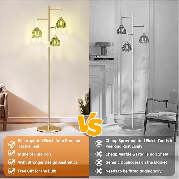Shenmoyl Stepless Dimming Floor Lamps for Living Room, Bedroom, Gold Standing Lamp with 3pcs 6W Bulbs, Vintage Brass Floor Lamp for Corner, Nursery (Green Tulip)