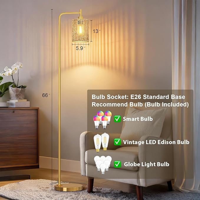 66" Gold Floor Lamp for Living Room, Boho Floor Lamp with LED Bulb, Foot Switch, Rattan Shade, Industrial Tall Farmhouse Standing Lamp for Bedroom, Dining Room, Study Room, Office