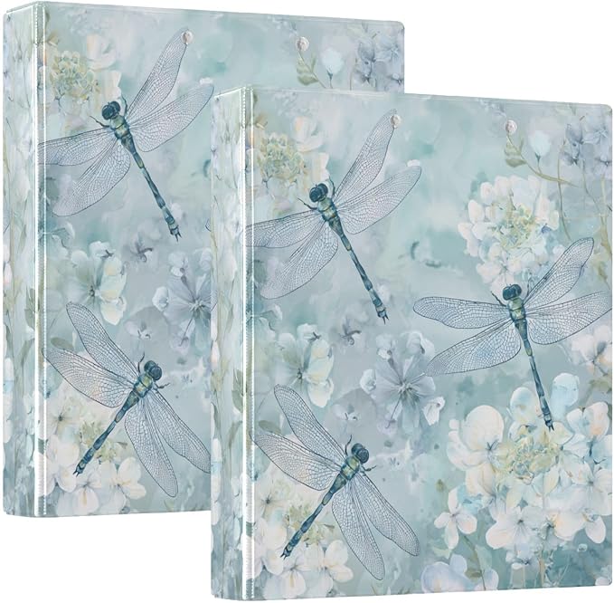 Hydrangea Flower and Dragonfly Binder 3 Ring 1.5 Inch Binder with Clipboard&Pockets, Hardcover Binders Heavy Duty Large File Folder for Office School Supplies - Holds 200 Sheets, 2 PC