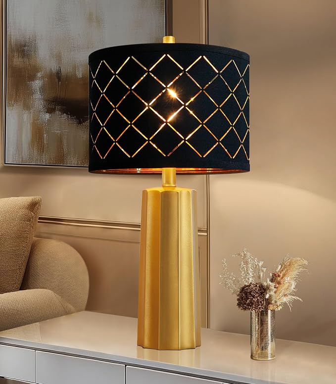 24" Modern Table Lamp for Living Room Bedroom Black Grid Shade | Gold Nightstand Resin Lamps Contemporary Desk Lamps for Bedside End Tables, 2 Bulbs Included (Gold)