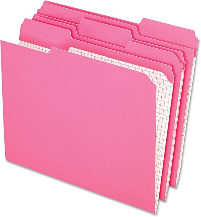 Pendaflex Colored File Folders, Letter Size, 1/3 Cut Tab, Pink | Reverse any folder and the printed interior grid becomes a writing panel. Reinforced tabs, 100 per box, made in the USA.