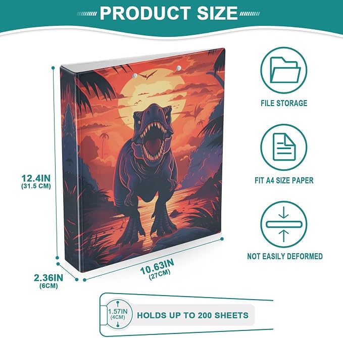 3 Ring Binder Dinosaur 1.5" Round Ring Binders View Binder with 200 Sheet for Women Men Office Kids School Supplies, 1 Pack