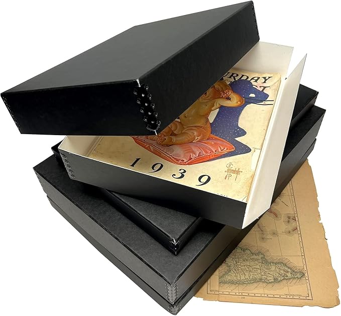 Lineco Museum Archival Storage Box, 9.75x12.75x1.5 in. Drop Front Design. Acid-Free with Metal Edge. Organize Photos, Pictures, Prints, Documents, Crafts, DIY. Black, 2 Pack