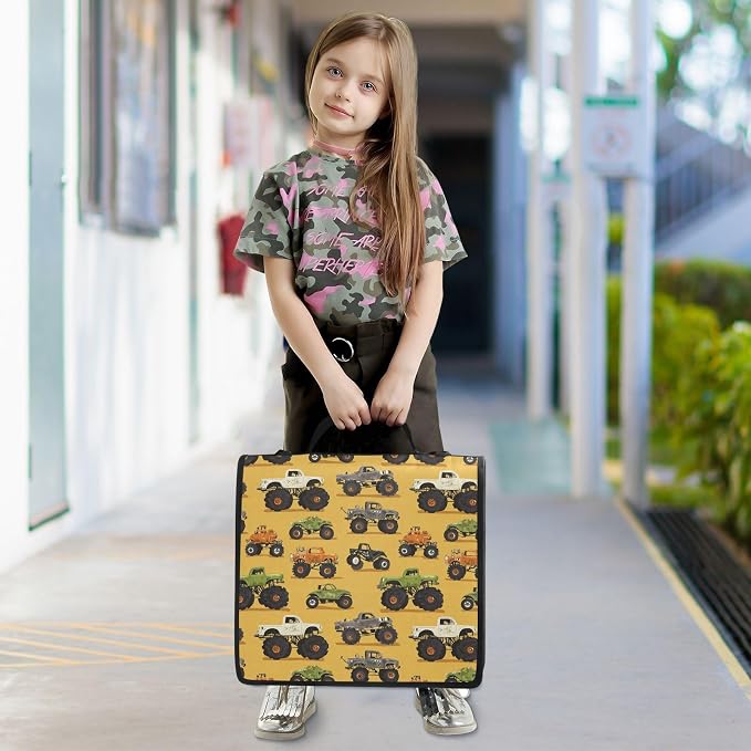 Aslsiy Zipper Binder Bag for Girls Boys Green Monster Trucks Yellow Kids 1.5 inch 3-Ring Binder Organizer with Shoulder Strap for School Office Supplies