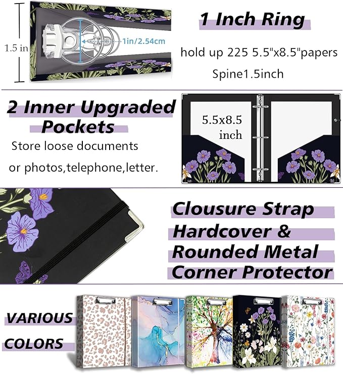 Mini Binder 3 Ring 1 Inch for 5.5"x8.5" Paper, Cute Small Three Ring Binders with Clipboard, 5-Tab Dividers, Spine ID Label Holder, BVSSX A5 Binder with Pen Holder, Black Weeds