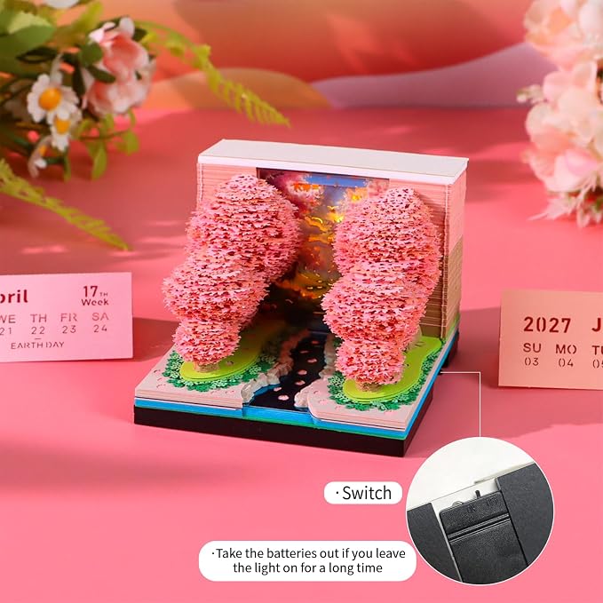 Time Piece Calendar 2027 Desk Calendar with LED Light 3D Tear-away Paper Carving Art Memo Pad Notepad Gift for Christmas Housewarming Desktop Decoration (Peach forest)