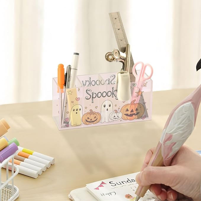 Halloween Cartoon Ghost Clear Acrylic Cutlery and Pen Organizer, Acrylic Plastic Pencil Holder Square 4 Compartments Large Capacity Acrylic Pencil Holder Desk Pencil Organizer