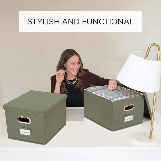 Decorative File Organizer Box Set of 2 - Collapsible Linen Filing Cabinets | Stores Documents and Hanging File Folders - Portable Office Crates with Lid and Handles for Easy Slide Access