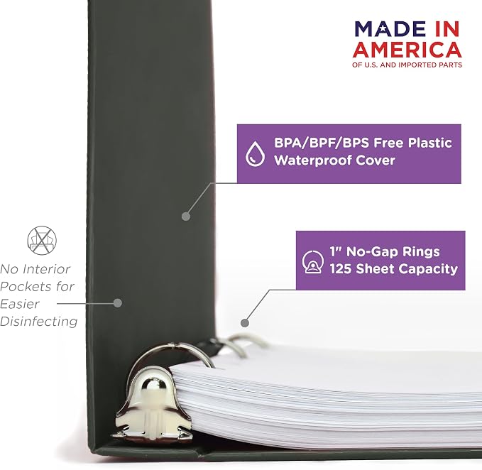 Carstens 1-Inch Heavy Duty 3-Ring Binder - Side Opening, Charcoal Gray, Durable Plastic, No-Gap Rings, Waterproof Cover, No Pockets, Holds 125 Letter Sheets, BPA-Free, Made in USA (8710-3R) Case of 18