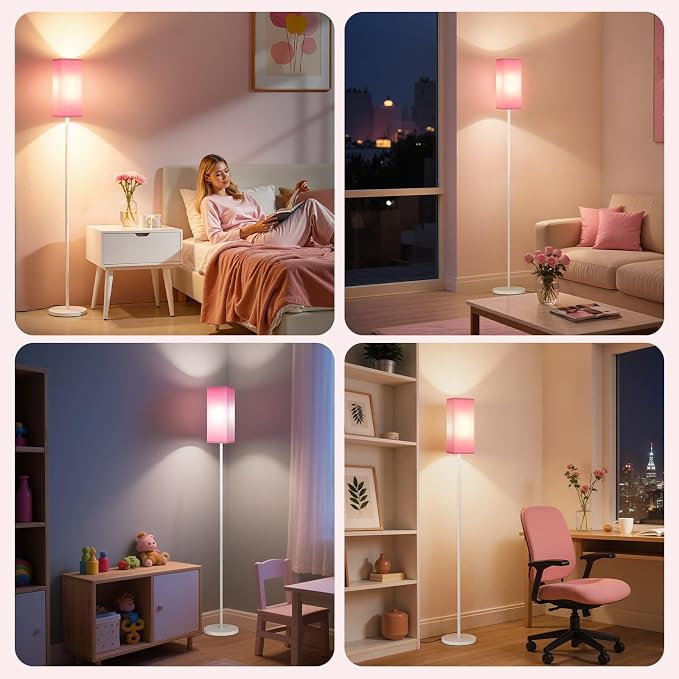 64.6" Floor Lamp, Pole Lamp with Foot Switch, Modern Standing Lamp Shade, Minimalist Freestanding Lamp (Bulb Not Included), for Living Room, Bedroom Office ETL Listed,White and Pink WP07LD05