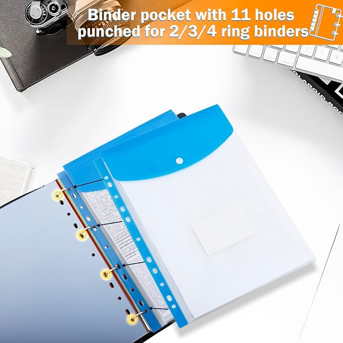 24 Pack A4 Binder Pockets Organizer Folders, 6 Colors | Binder Pockets For 2 3 4 Ring, Snap Button And Label, Expandable Plastic Envelopes for Office