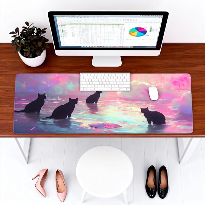 Anime Black Cat Gaming Mouse Pad, Blue Pink Dreamy Desk Mat with Anti-Slip Base & Stitched Edges,35.4" x 15.7" in Table Mat for Computer Desktop, Beautiful Workstation Decor