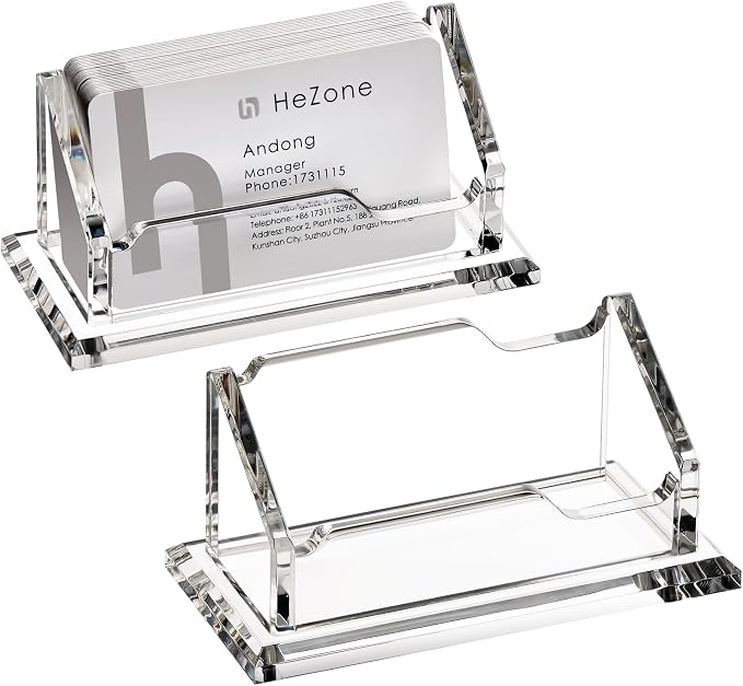 HeZone Acrylic Card Holder Clear Horizontal Business Card Organizer Stand for Desk 1 Slots Business Cards Stand for Women and Men,Desk Accessories for Office, Tabletop (2pack)