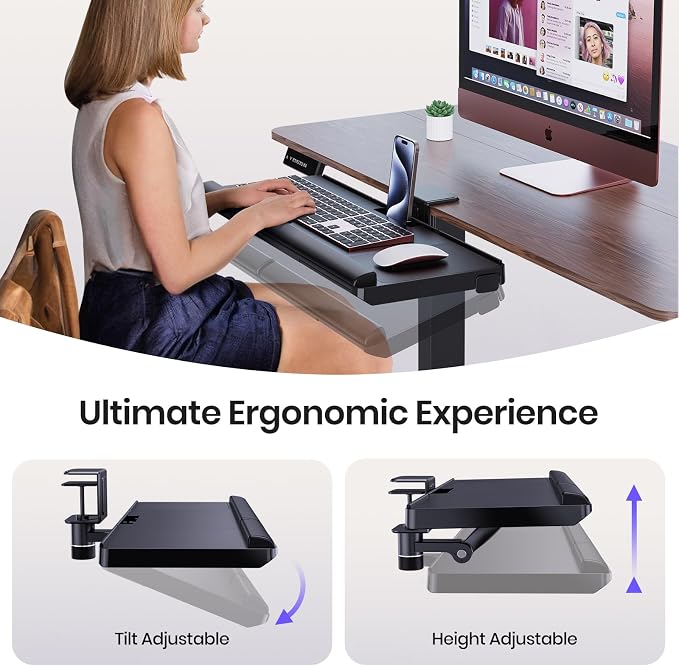 Klearlook Upgraded Adjustable Keyboard Tray for Above Desk & Under Desk Use | 24.4"×10" Platform with 360° Rotation & 180° Tilt, Wrist Rest & Storage Drawer, Phone Slot & Headphone Hanger & Mouse Pad