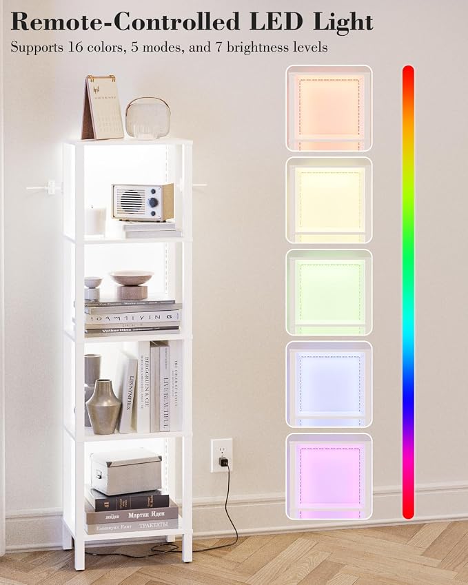 Open Book Shelf with LED Lights, 5 Tier Tall Bookshelf, Freestanding Shelf Narrow Bookcase with Open Shelves, 14.96" x 10.63" x 53.54", Book Shelves for Living Room, Office, Study, White