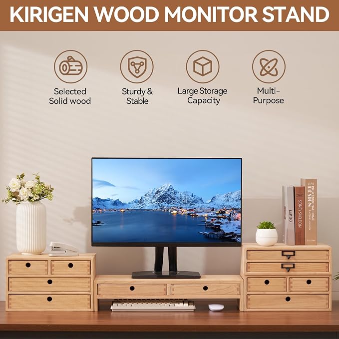 KIRIGEN Solid Wood Monitor Stand with 2 Drawers, Desk Riser, Natural PMJ-NA | Desktop Organizer with Cable Opening and Pen Slots Stores Office Supplies, Supports Up To 50 Lb and Arrives Fully Assembled.
