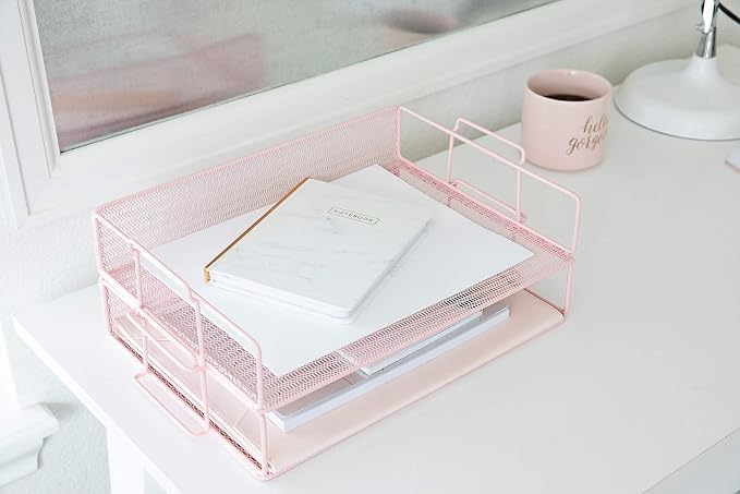 BLU MONACO | Paper Tray Stackable Pink Mesh Set of 2 | Stackable File Trays for Desk Organization | Tiered Desk Organizer with Metal Letter Trays and Workspace Organizer