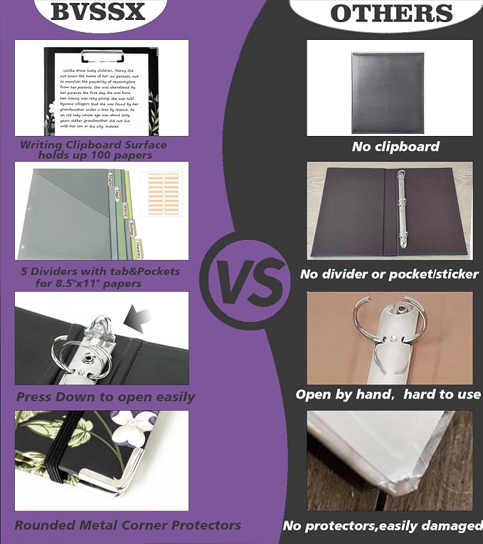 3 Ring Binder 1 Inch, Three Ring Binders Organizer with Clipboard, 5-Tabs Pockets Dividers, Plastic Folder, 18 Divider Stikers, BVSSX Pretty Binder with Pen Loop (Black Weeds, Letter Size)