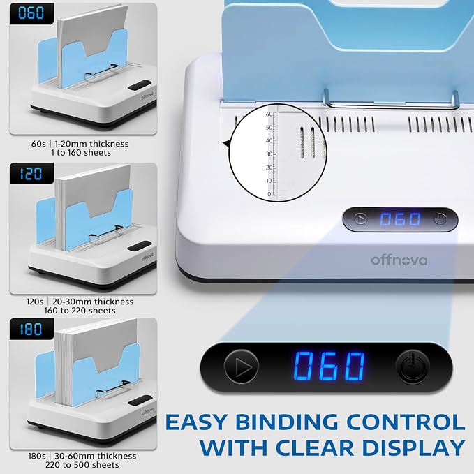 OFFNOVA Thermal Binding Machine 500 Sheets Capacity, No Preheat, Air Cooling, Book Binder Machine with 10 Binding Covers, A4/A5/Letter Size Business Documents, Office and Homeschool Projects,Blue