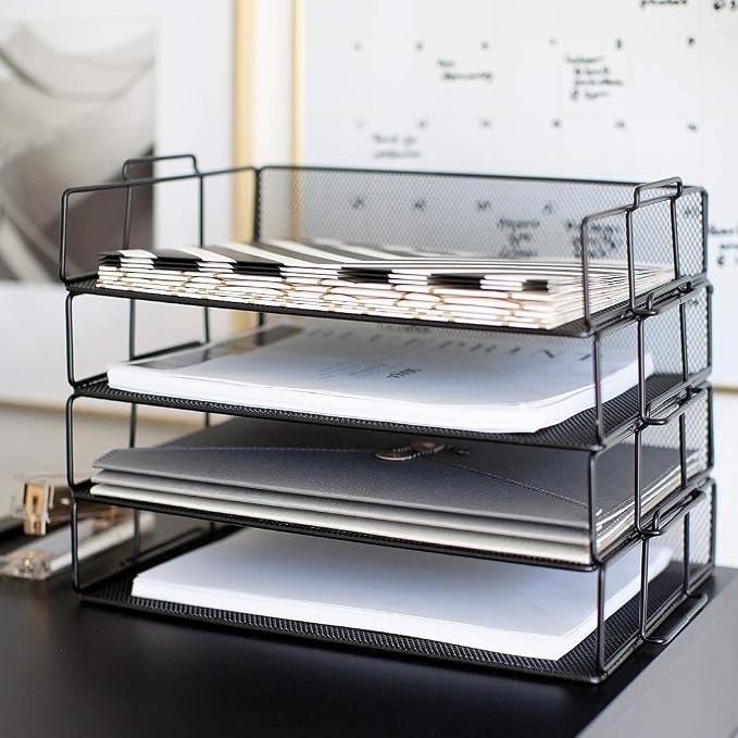 BLU MONACO 4-Tier Stackable Paper Tray for Desk Organization | Black Metal Mesh Letter File Holder | Tiered Desk Organizer for Office Workspace Document Storage 14.8 x 13 x 10.9 in
