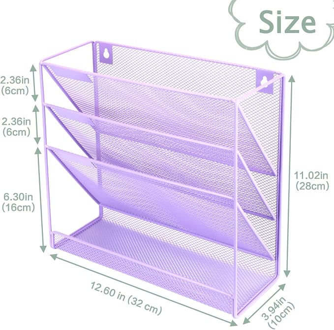 3 Pockets Mesh Wall File Holder Organizer with Bottom Flat Tray, Office Hanging File Folder Magazine Rack, Nametag Label Hooks Set Included, Purple