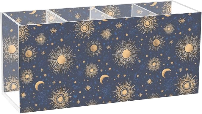Sun Moon Star Acrylic Pencil Pen Holder Desk Accessories Holder, Cosmetic Brush Organizer Modern Design Desktop Stationery Organizer for Office School and Home 7.87 x 2.48 x 3.54 In