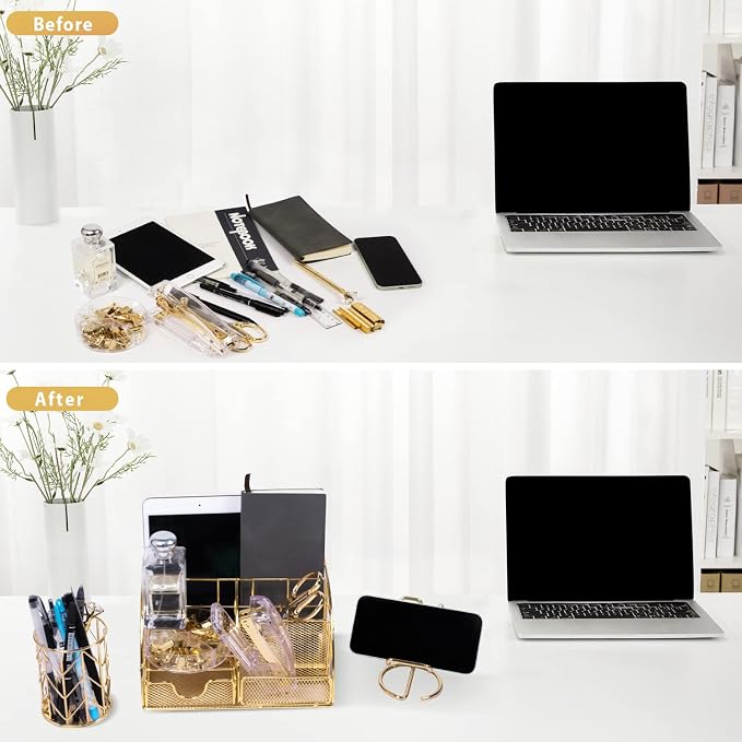 KAAKOW Gold Desk Organizers and Accessories Office Supplies Set Stapler, Pen Holder, Phone Holder, Scissors, Pen, Ruler, 30 Paper Clips, 22 Binder Clip, 20 Tacks and 1000pcs Staples (Gold)