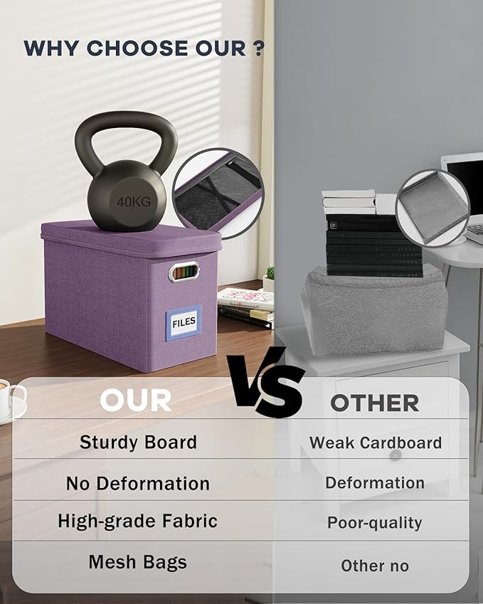 Oterri File Organizer With Lid, Hanging Filing Box With Mesh Pocket, Document Organizer for Letter Files, Portable Storage for Office & Home (2 PCS, Taro Purple)