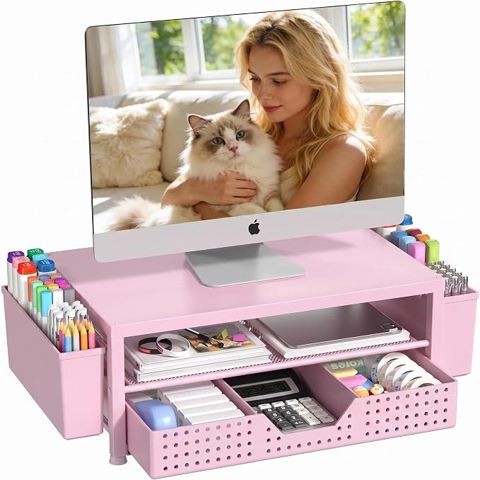 Desk Organizers and Accessories, Computer Monitor Stand Riser with Drawer and 2 Pen Holders, Printer & Laptop Stand, Office Desk Accessories & Workspace Organizers for Home Office Supplies, Pink