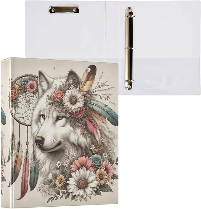 3 Ring Binder, Flower Dreamcatcher Wolf File Folder Holds 200 Sheets File Storage for Women Men School Office Supplie