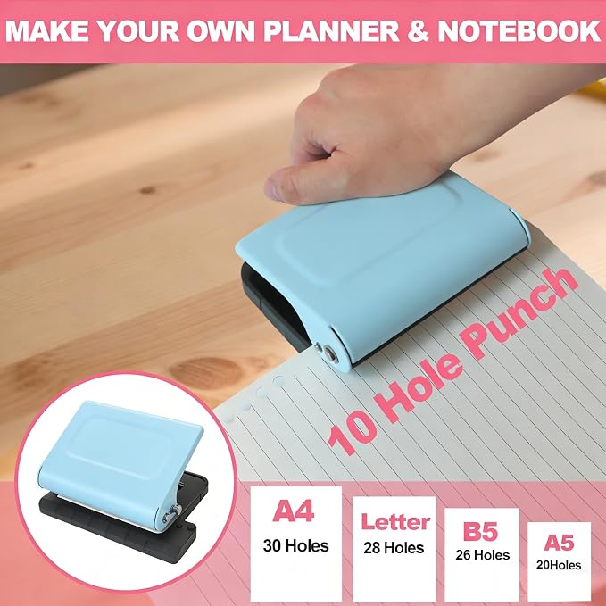 10 Hole Punch Binding Machine for Planner, Manual Binding System with 10 Multi-Color Binder Rings for Making 26 Holes on B5, 30 Holes on A4, 20 Holes on A5 Book, 10 Sheet Capacity (Blue)