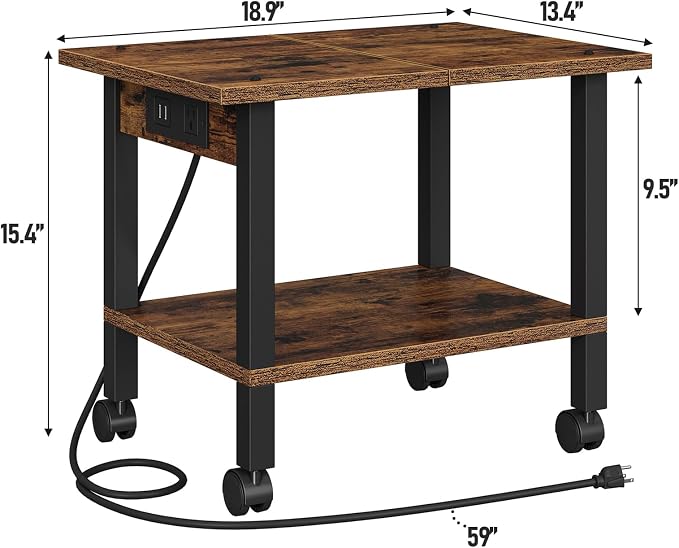 TUTOTAK Printer Stand, 2 Tier Rolling Printer Cart with Charging Station | Small Under Desk Printer Table with Wheels for Small Space, Office, Home, Brown PS01BB001P