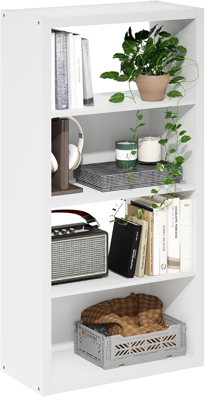 Furinno Viola Book Shelf, 4-Tier Bookshelf, Extra Thick Frame Bookcase with Open Shelf, Open Back Design, 11.3" x 23.2" x 45.4", for Living Room, Bedroom, Home Office, White