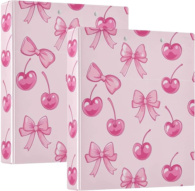 Aslsiy 3 Ring Binder 1.5 Inch for Girl Cherry Red Bow 1 Kids Round Clipboard Binder Decorative Harcover Binders Organizer for Office School Supply