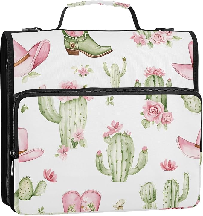 3 D-Ring Zipper Binder Bag, Cactus Cowboy Boots Pink Cowboy Hat Removable Binder with Zipper Case Hold 300+ Sheets& 13 Inch Laptop for School Office Supplies Organizer