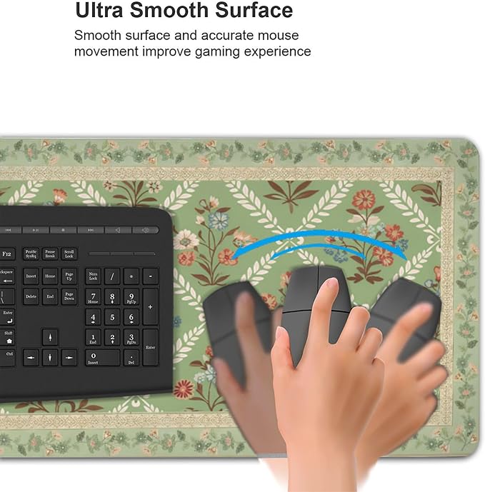 XXL Large Floral Mouse Pad - Sage Green Flower Desk Mat with Stitched Edges & Anti-Slip Base, Computer Keyboard Mat for Office & Home, Desk Decor for Women